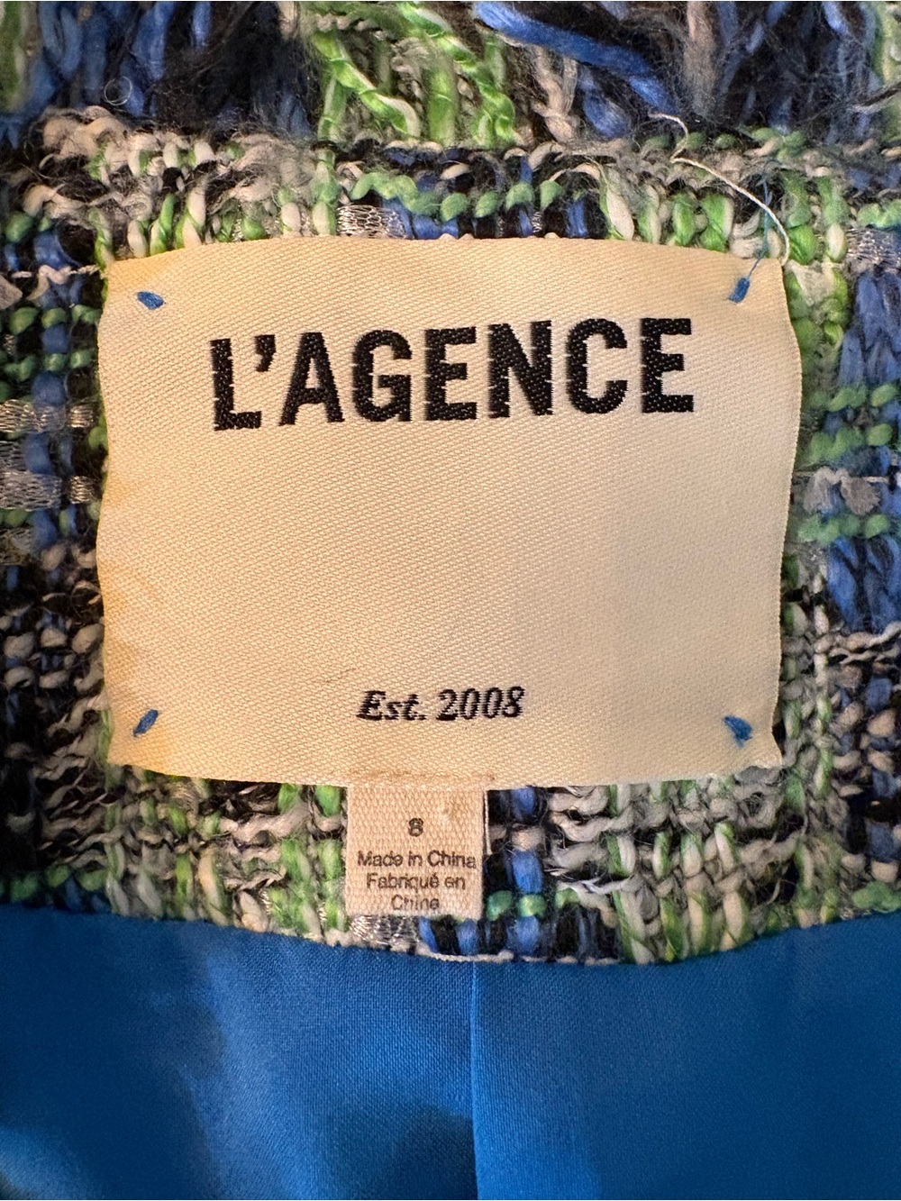 L'Agence Angelina Tweed Jacket Womens 8 Green Blue Plaid Excellent Fringe Trim - Picture 7 of 11